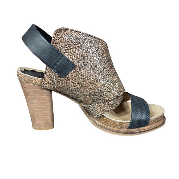 Anthro Coque Terra Sanne Heels Womens 39 Black Brown Shimmer Leather Sandals - Picture 2 of 14
